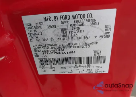 2007 Ford F-150 Xlt from USA, damaged, VIN 1FTRW12W37KC33589